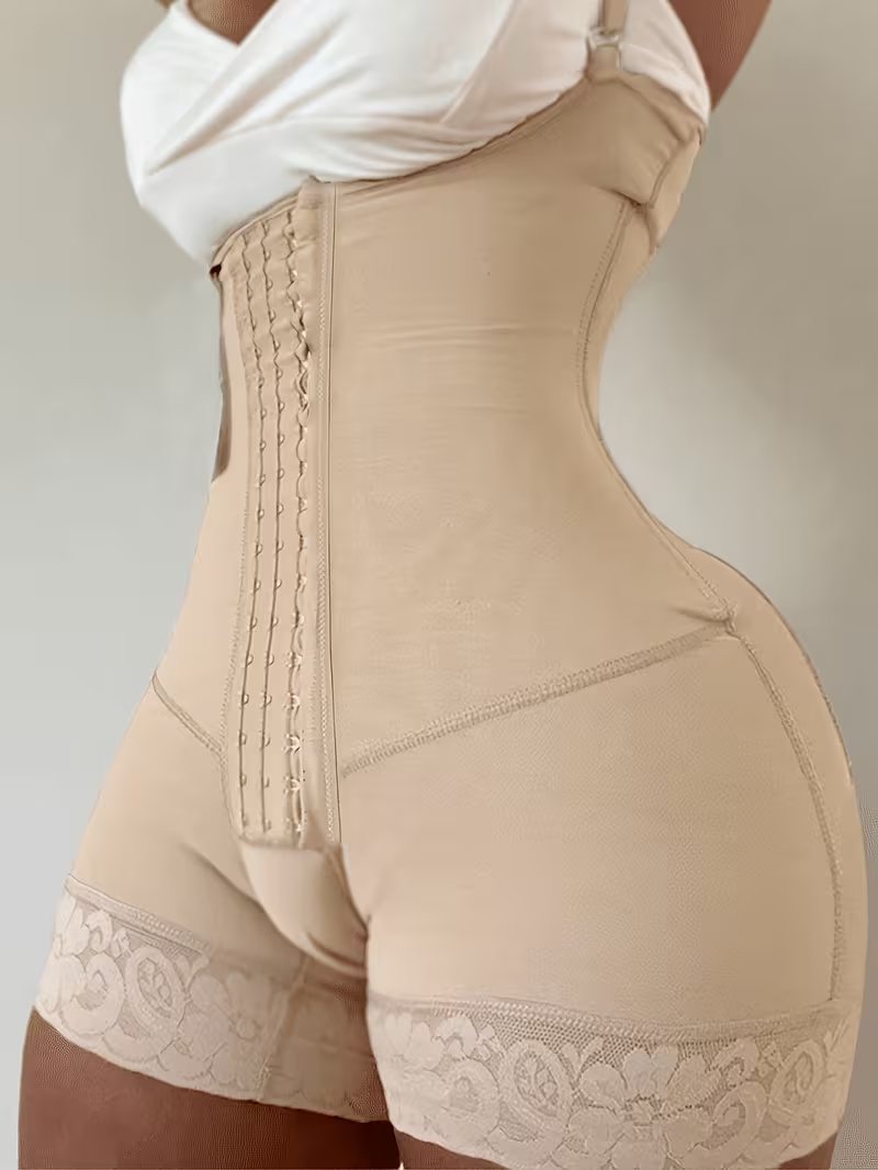 Beige Waist Control Full Bodysuit with hook closure and lace hem