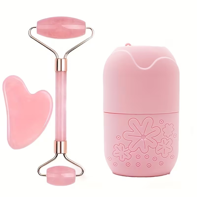 Pink facial roller, gua sha and ice roller set