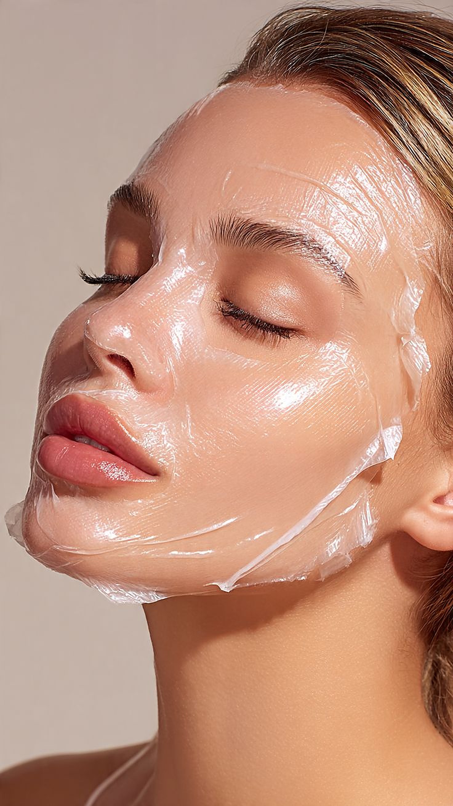 Woman with eyes closed wearing a clear hydrating sheet mask
