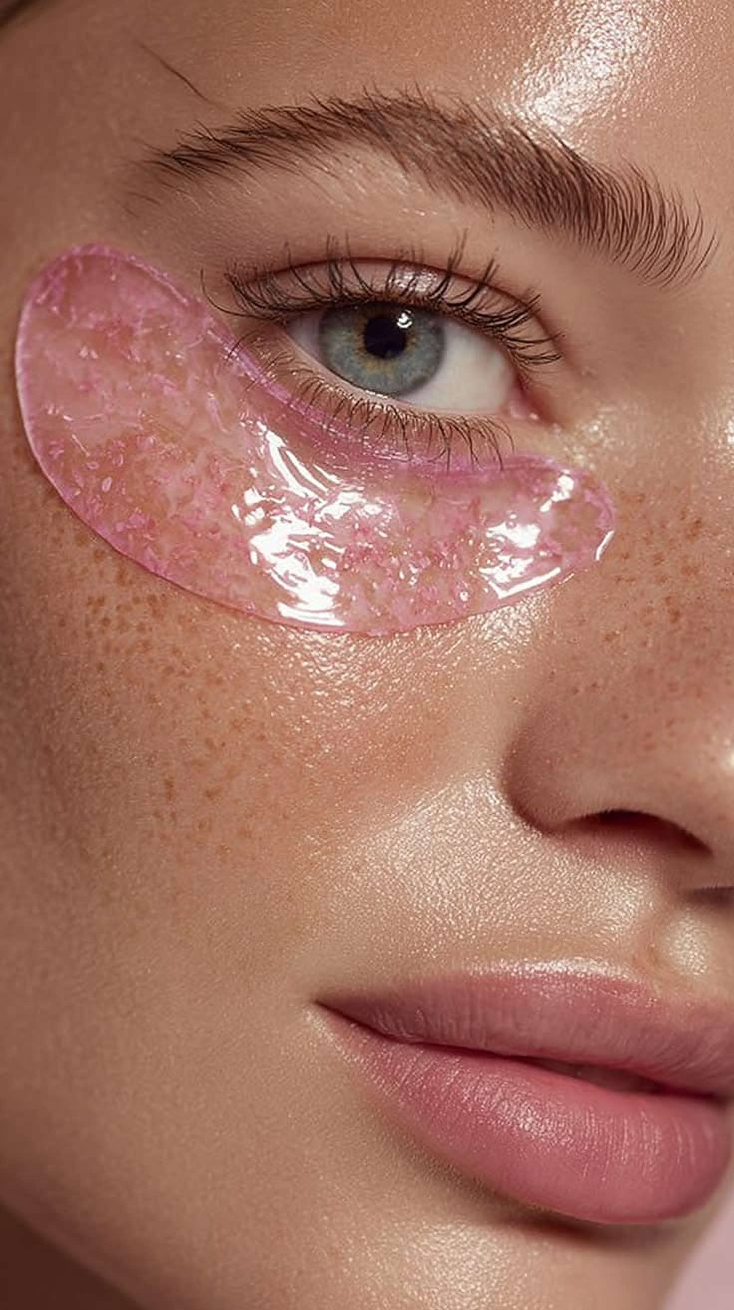 Close-up of a pink collagen eye patch on glowing skin